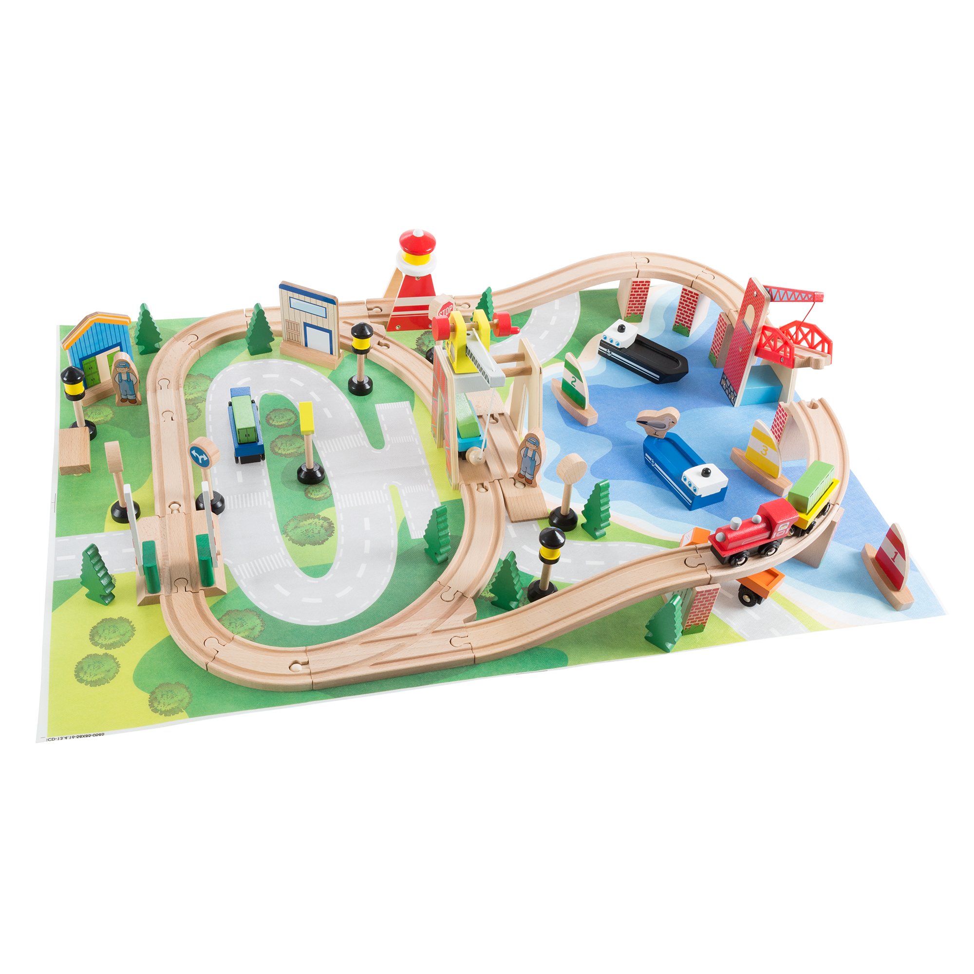 Hey! Play! 65 Pc Kids Toys Play Wooden Train Set Accessories and Play Mat 33 x 22 Inches Toddlers Boys and Girls