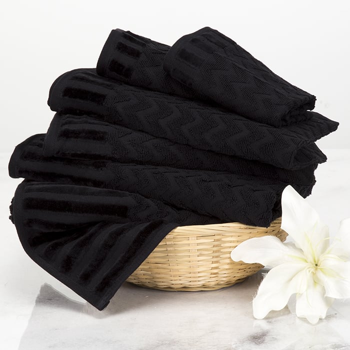 Lavish Home 6 Pc Black Cotton Deluxe Plush Bath Towel Set  Chevron Patterned Plush Sculpted Spa Luxury Decorative Body Hand and Face