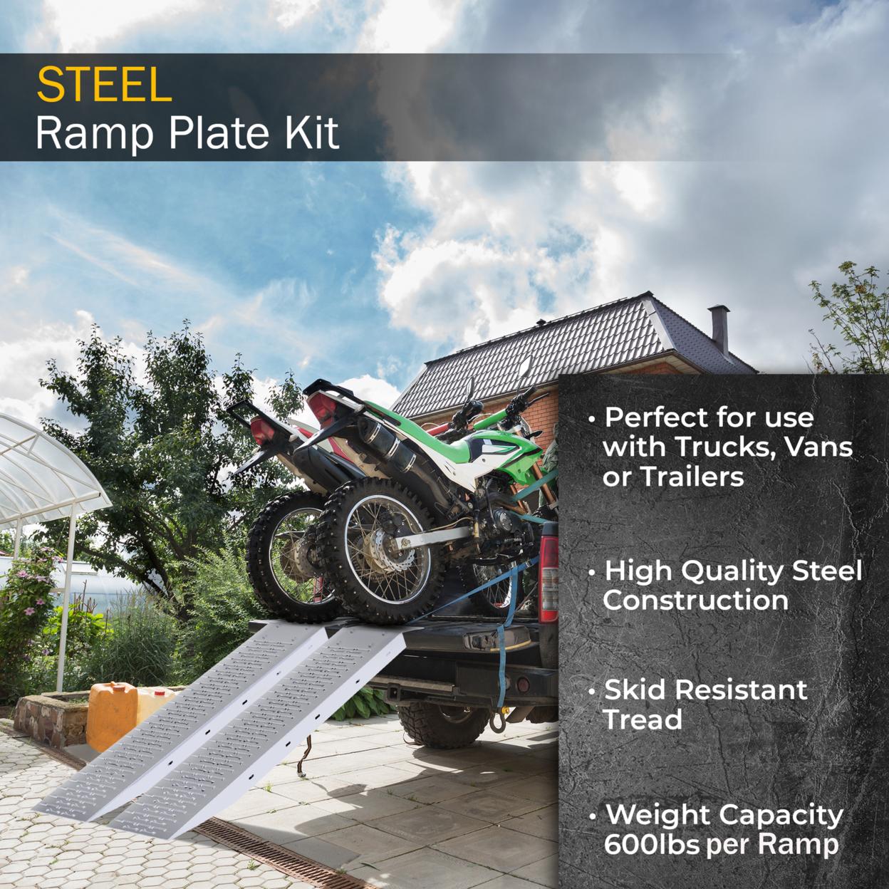 Stalwart Loading Ramps- Steel Ramp Set for ATVs, Motorcycles, Mowers, Carts & More- Use with Pickup Trucks & Trailers- 1200lb Combined