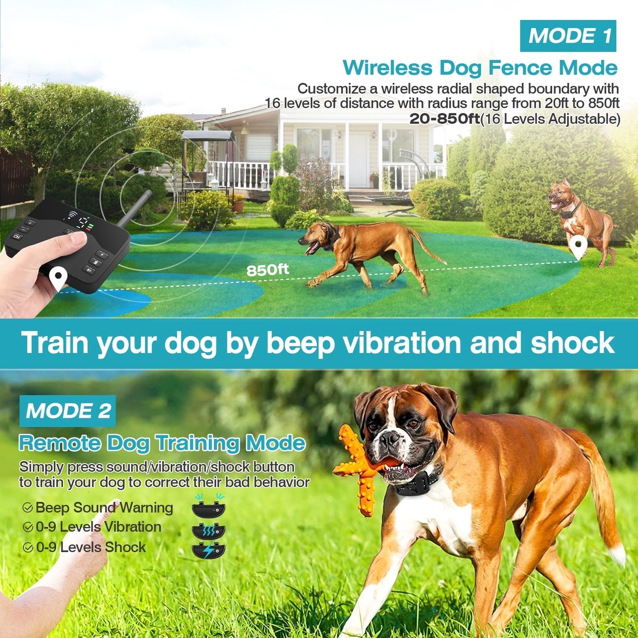 Dsermall 2 In 1 Wireless Electric Dog Fence Waterproof Pet Shock Boundary Containment System Electric Training Collar for Small Medium