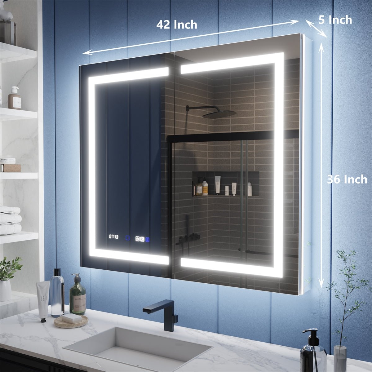 allsumhome Illusion-B 42" x 36" LED Lighted Inset Mirrored Medicine Cabinet with Magnifiers Front and Back Light