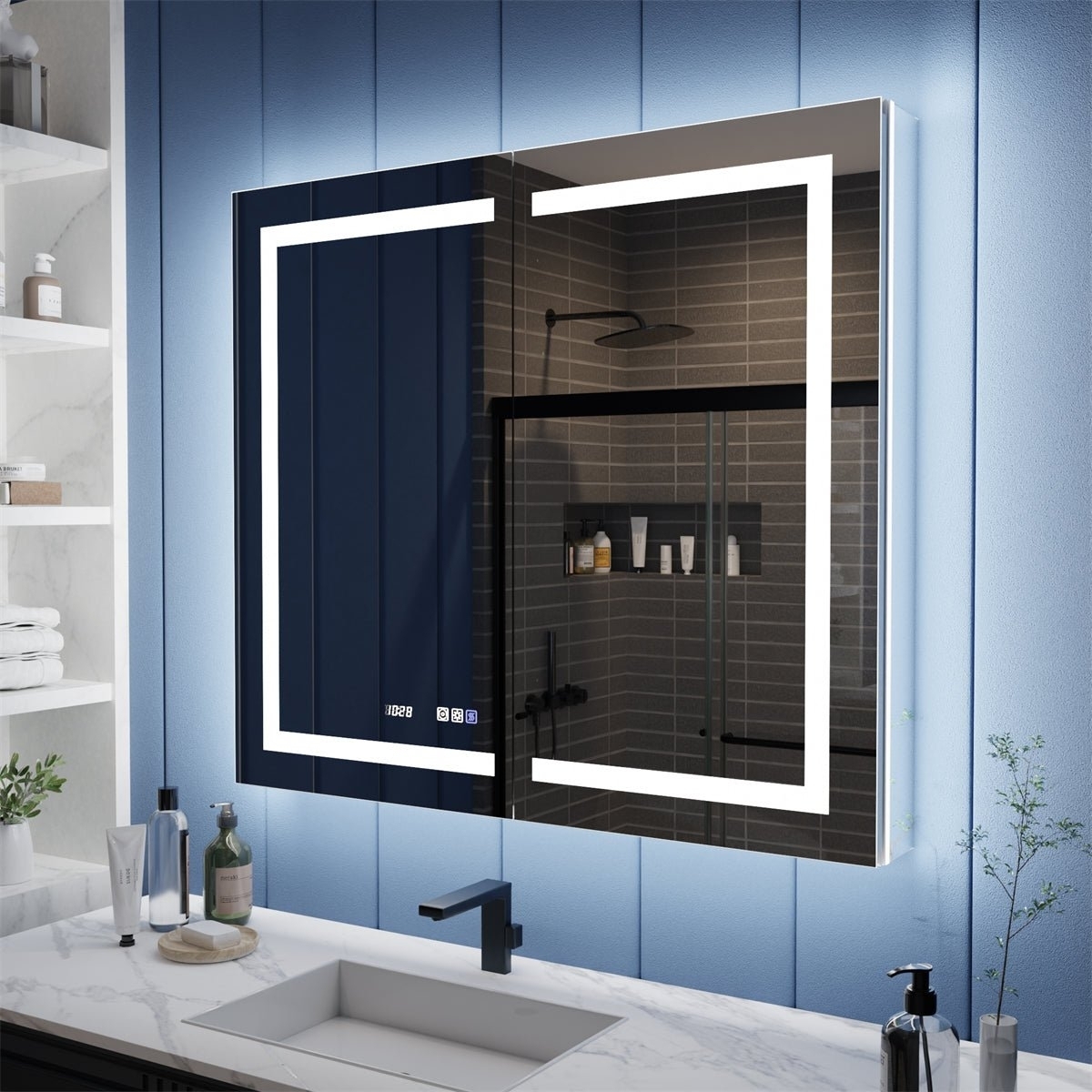 allsumhome Illusion-B 42" x 36" LED Lighted Inset Mirrored Medicine Cabinet with Magnifiers Front and Back Light