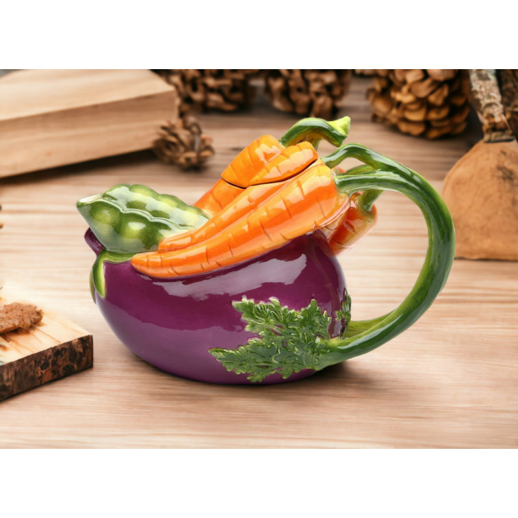 kevinsgiftshoppe Ceramic Eggplant and Carrots Teapot, Gift for Her, Gift for Mom, Tea Party Décor, Café Décor, Farmhouse Décor, Kitchen Decor