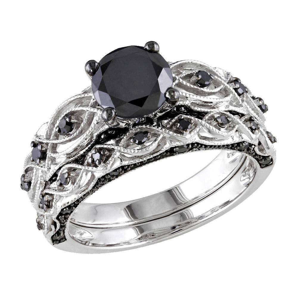 Gem And Harmony 1.39 Carat (ctw) Black Diamond Engagement Ring and Wedding Band Set in 10K White Gold