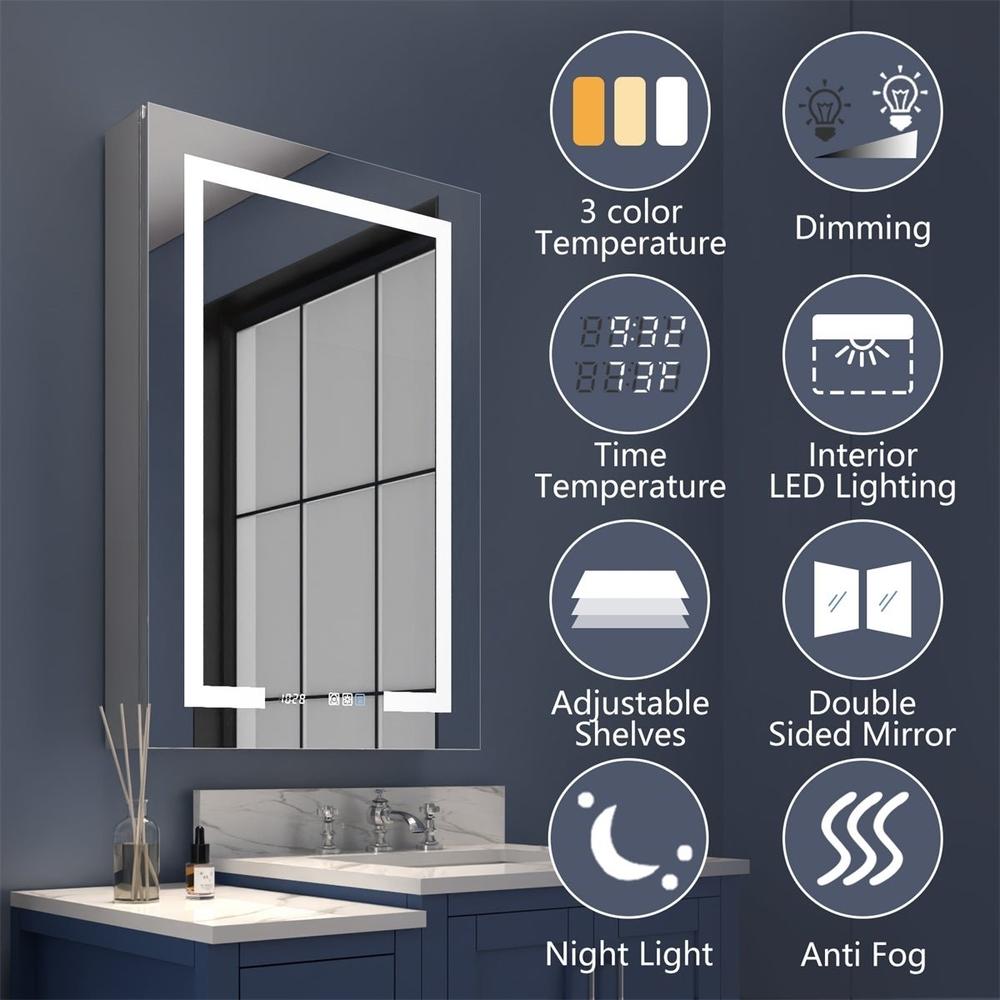 ExBriteUSA Boost-M2 24" W x 36" H LED Lighted Bathroom Medicine Cabinet with Mirror and Clock