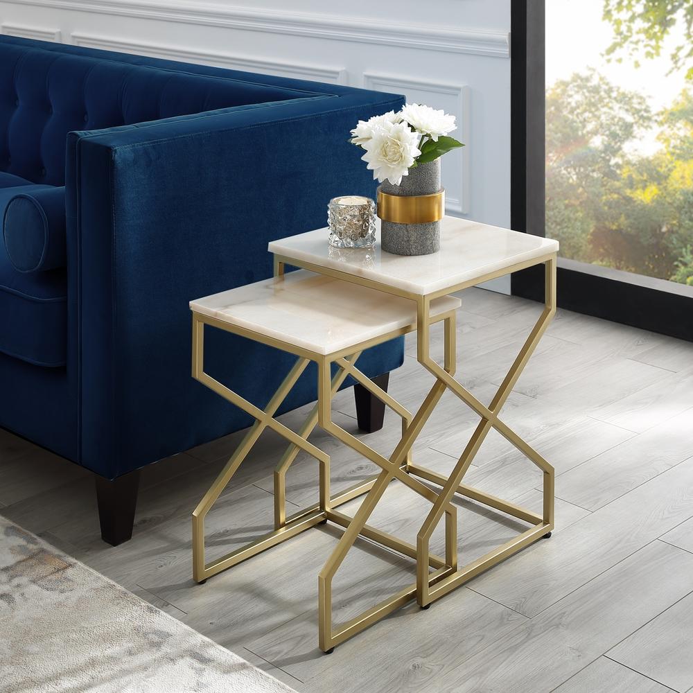 Inspired Home Patricia End or Coffee Table-Square Natural Marble-Metal X-cross Legs-Stackable Set of 2-Inspired Home