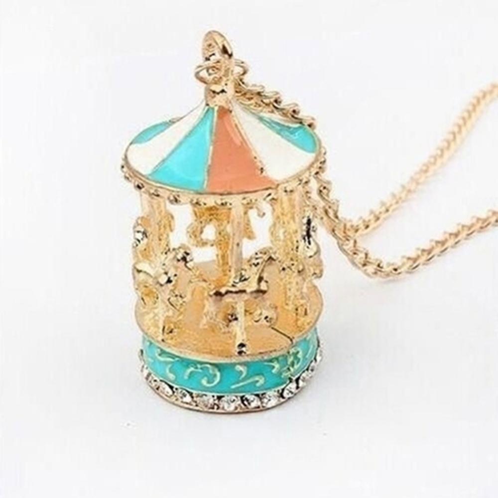 Generic Enamel Carousel Merry Go Round Horse Charm Pendant Sweater Alloy Chain Necklace