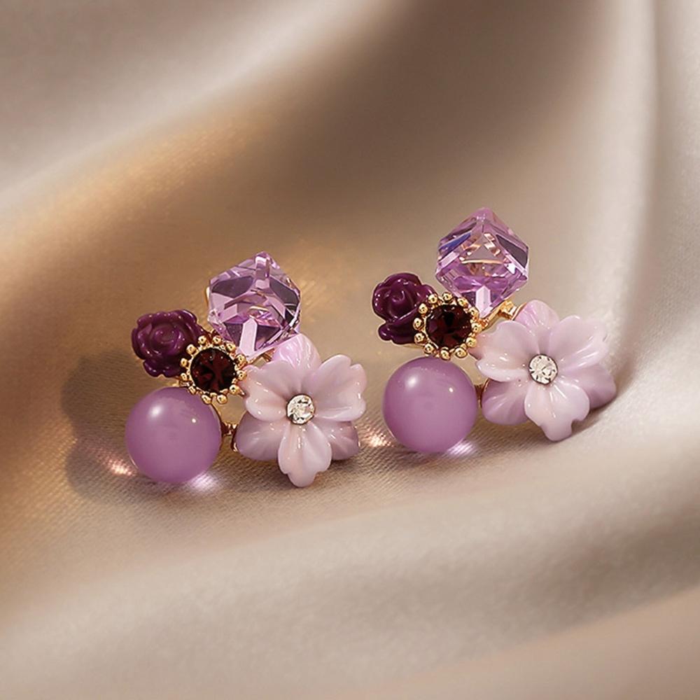 Generic 1 Pair Exquisite Charming Women Earrings Gift Rhinestone Purple Flower Stud Earrings Jewelry Accessory