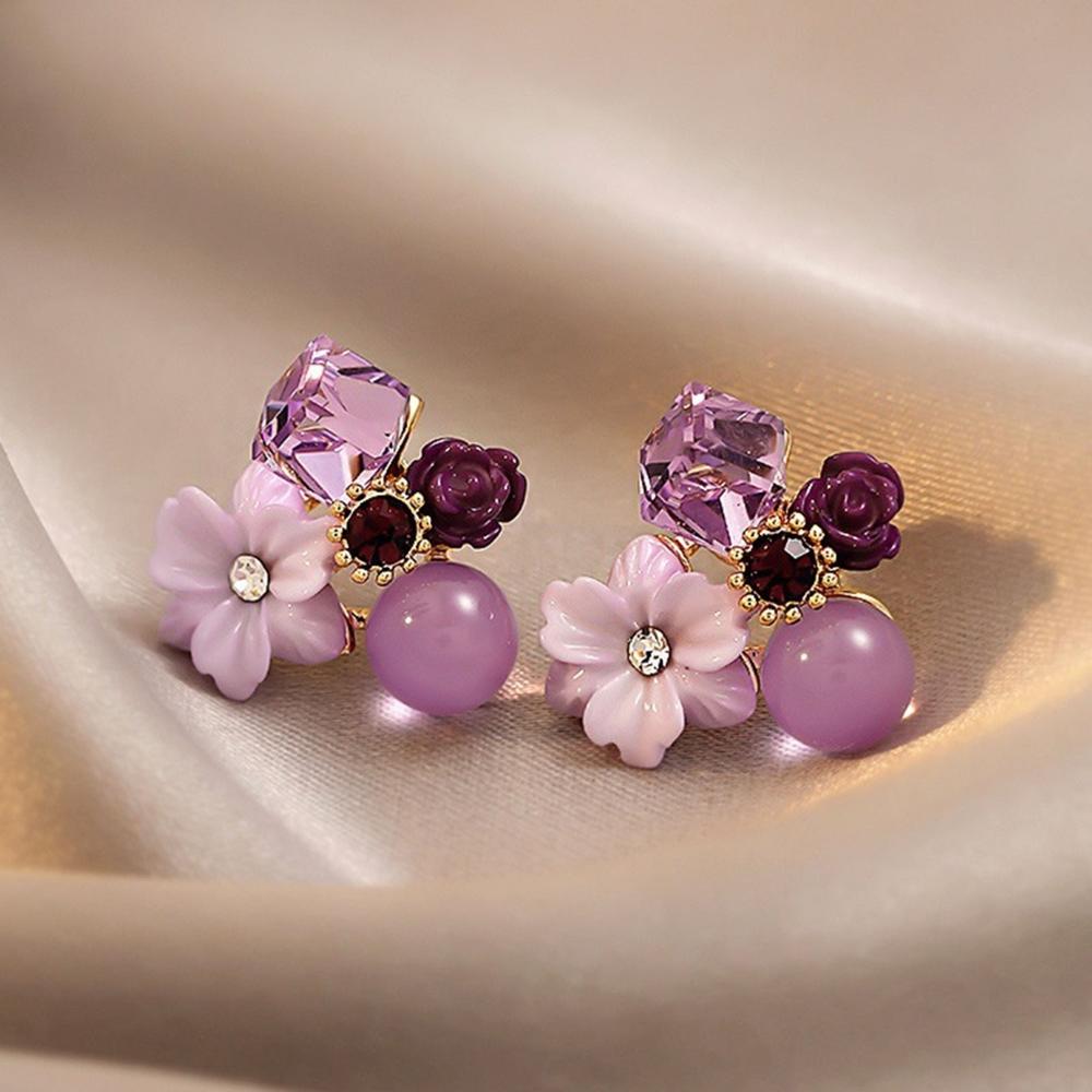 Generic 1 Pair Exquisite Charming Women Earrings Gift Rhinestone Purple Flower Stud Earrings Jewelry Accessory