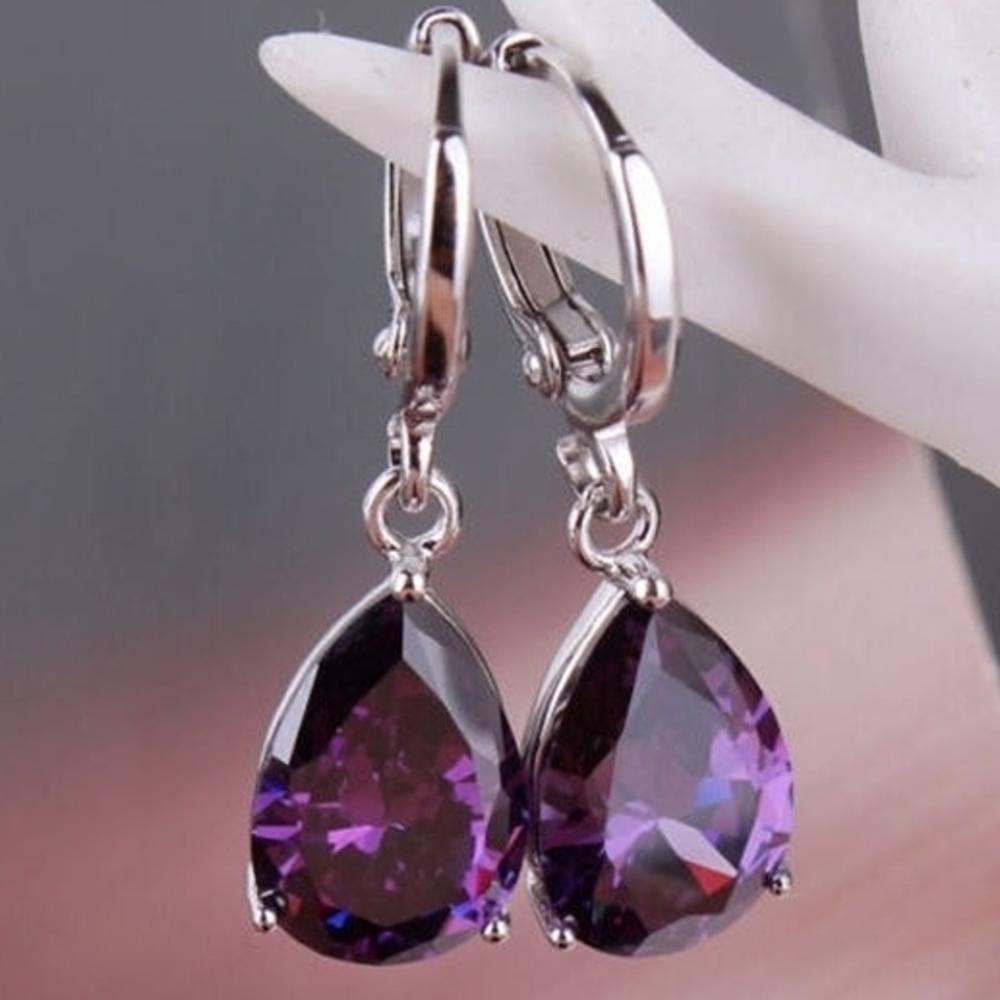 Generic Elegant Women's Purple Rhinestone Water Drops Leverback Dangle Earrings Gift