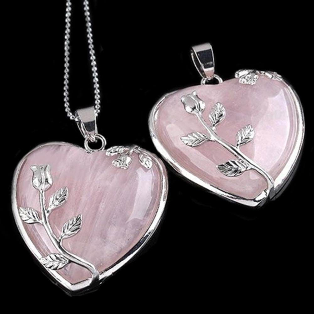 Generic Women's Rose Quartz Alloy Flower Necklace Pendant Heart Inlaid Charm Jewelry
