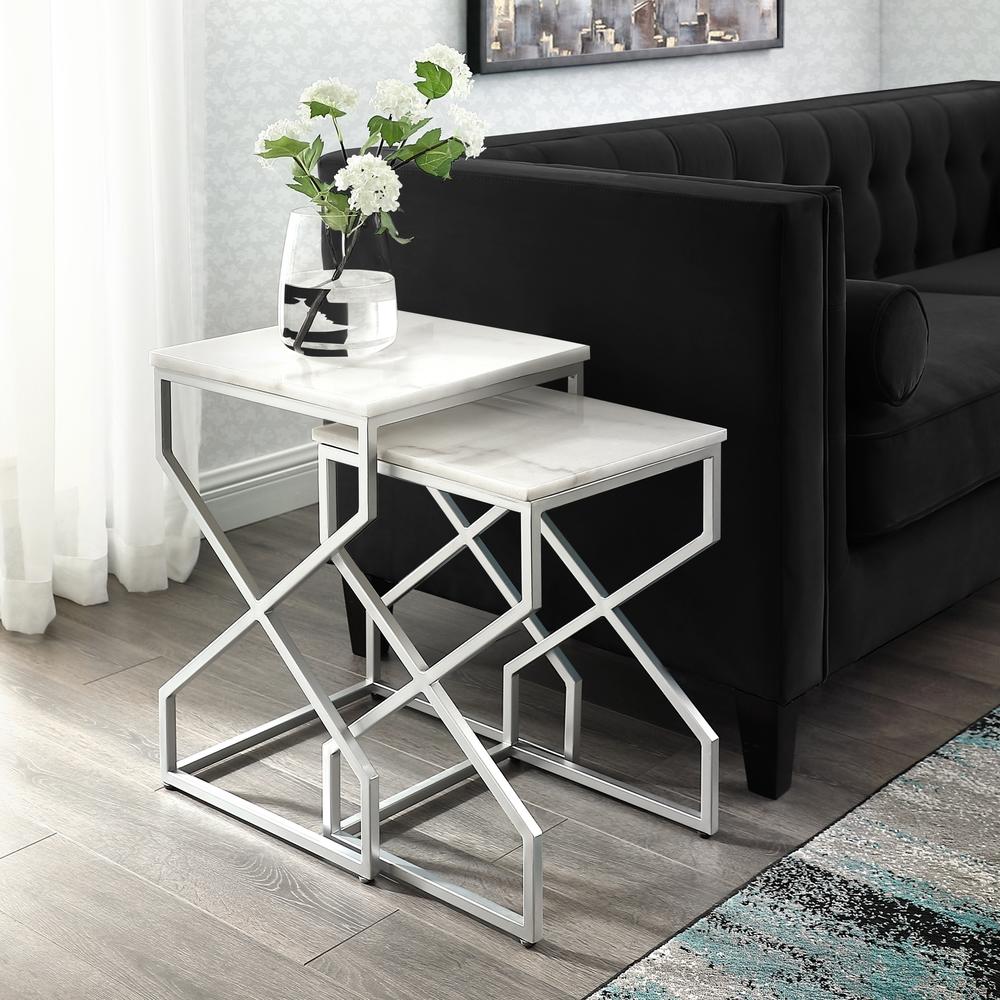 Inspired Home Patricia End or Coffee Table-Square Natural Marble-Metal X-cross Legs-Stackable Set of 2-Inspired Home
