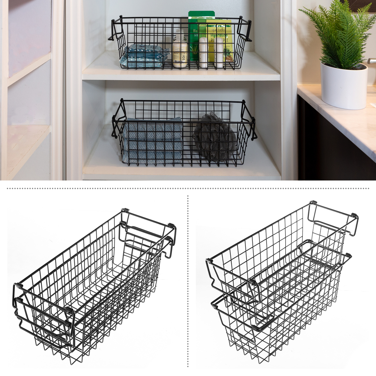Home-Complete 2 Storage Bins Small Shelf Organizers for Kitchen Bathroom Storage, Black