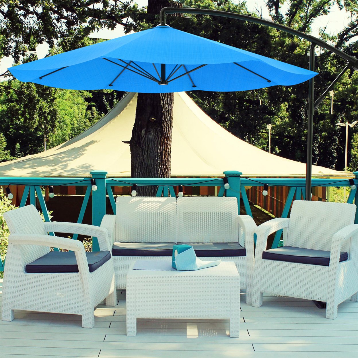 Pure Garden Patio Umbrella Cantilever Hanging Outdoor Shade- Easy Crank and Base 10 Ft Blue