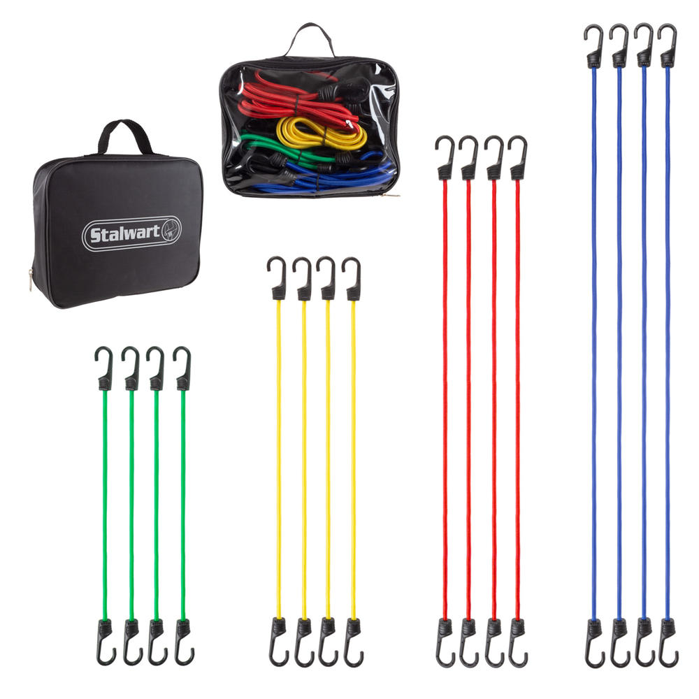 Stalwart 16 Piece Bungee Cord Set- Assortment of 4 Sizes with Storage Bag-Tie Downs with Hooks for Trucks, Trailers
