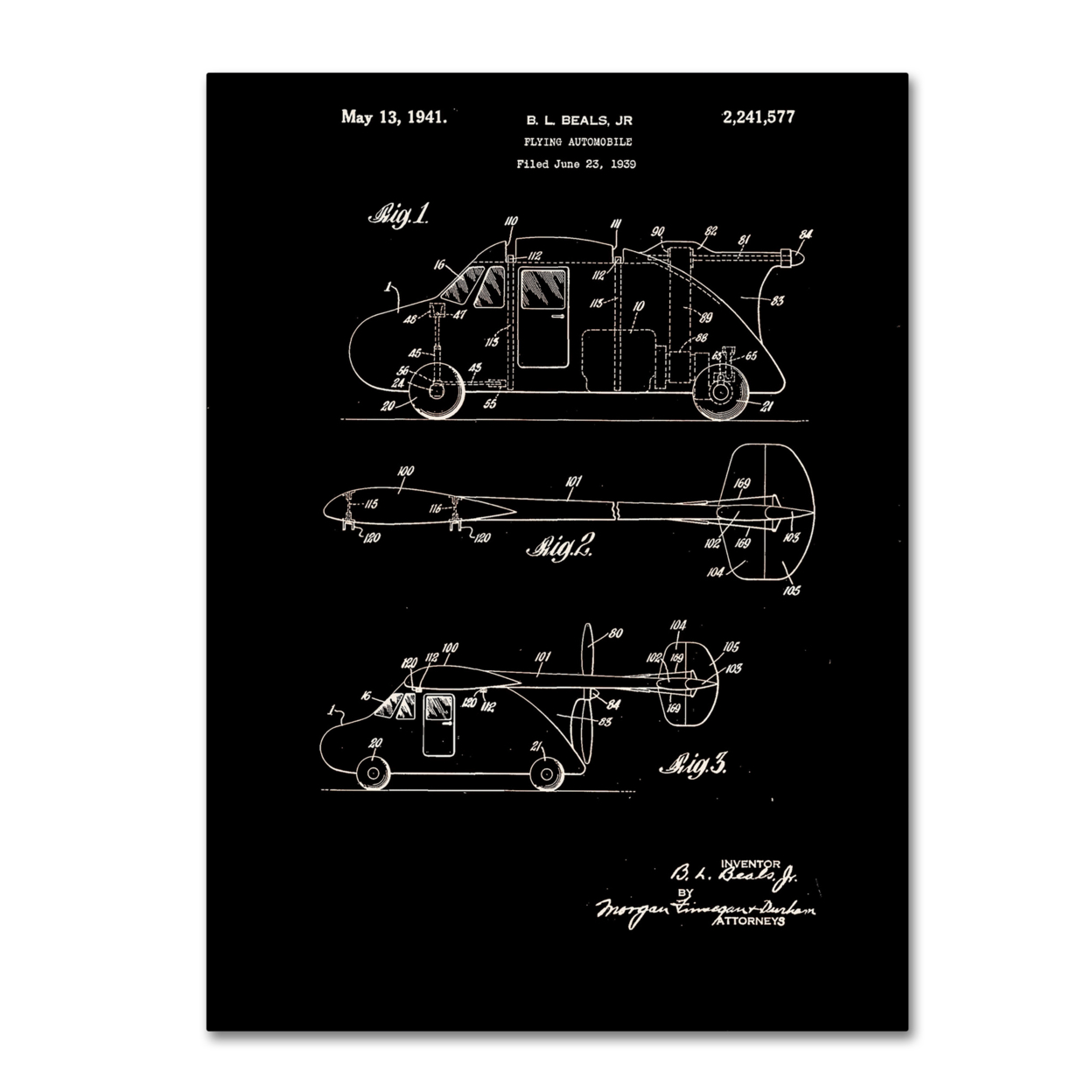 Trademark Global Claire Doherty Flying Car Patent 1941 Black Canvas Art 18 x 24