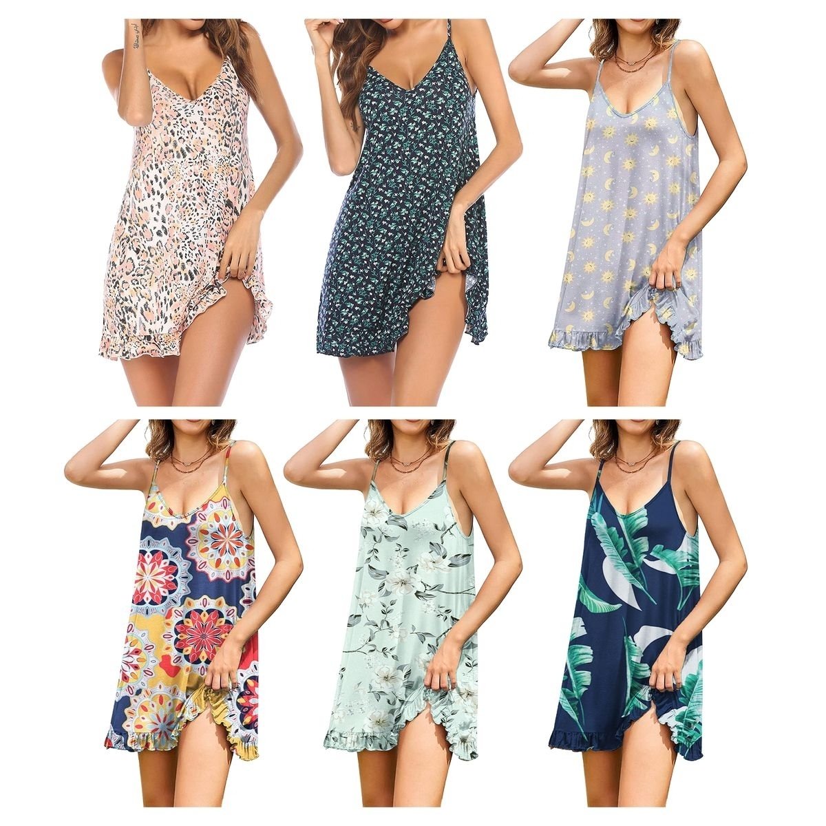 Bargain Hunters 6-Pack Womens Soft Chemise Slip Nightgown Sleepwear V Neck Adjustable Strap Mini Dress Comfortable Elegant Sleep Shirt