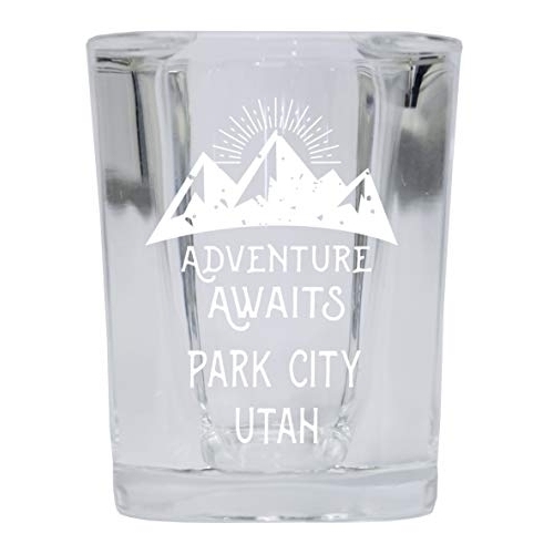 R and R Imports Park City Utah Souvenir Laser Engraved 2 Ounce Square Base Liquor Shot Glass 4-Pack Adventure Awaits Design