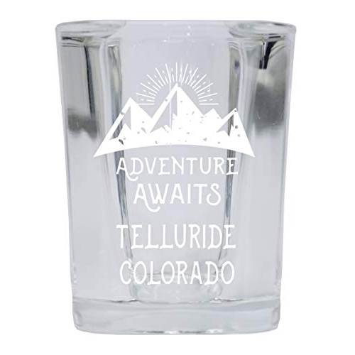 R and R Imports Telluride Colorado Souvenir Laser Engraved 2 Ounce Square Base Liquor Shot Glass Adventure Awaits Design
