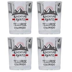 R and R Imports Telluride Colorado Souvenir 2 Ounce Square Base Liquor Shot Glass Adventure Awaits Design 4-Pack