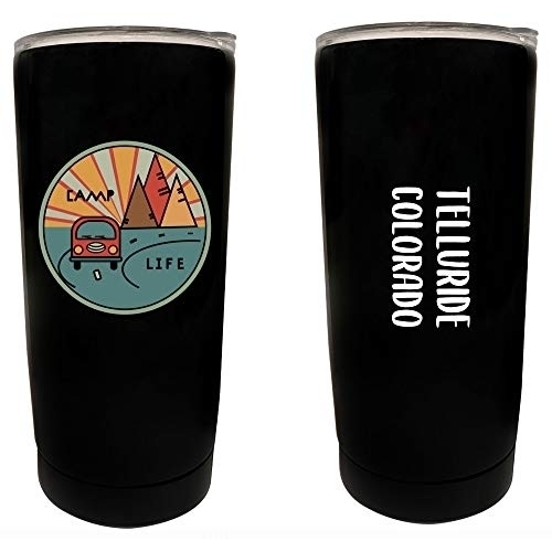 R and R Imports Telluride Colorado Souvenir 16 oz Stainless Steel Insulated Tumbler Camp Life Design Black.