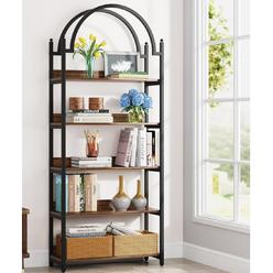 Tribesigns 5-Shelf Arched Bookcase 72" Industrial Metal Etagere Open Bookshelf Rustic Wood Shelf with Black Metal Frame
