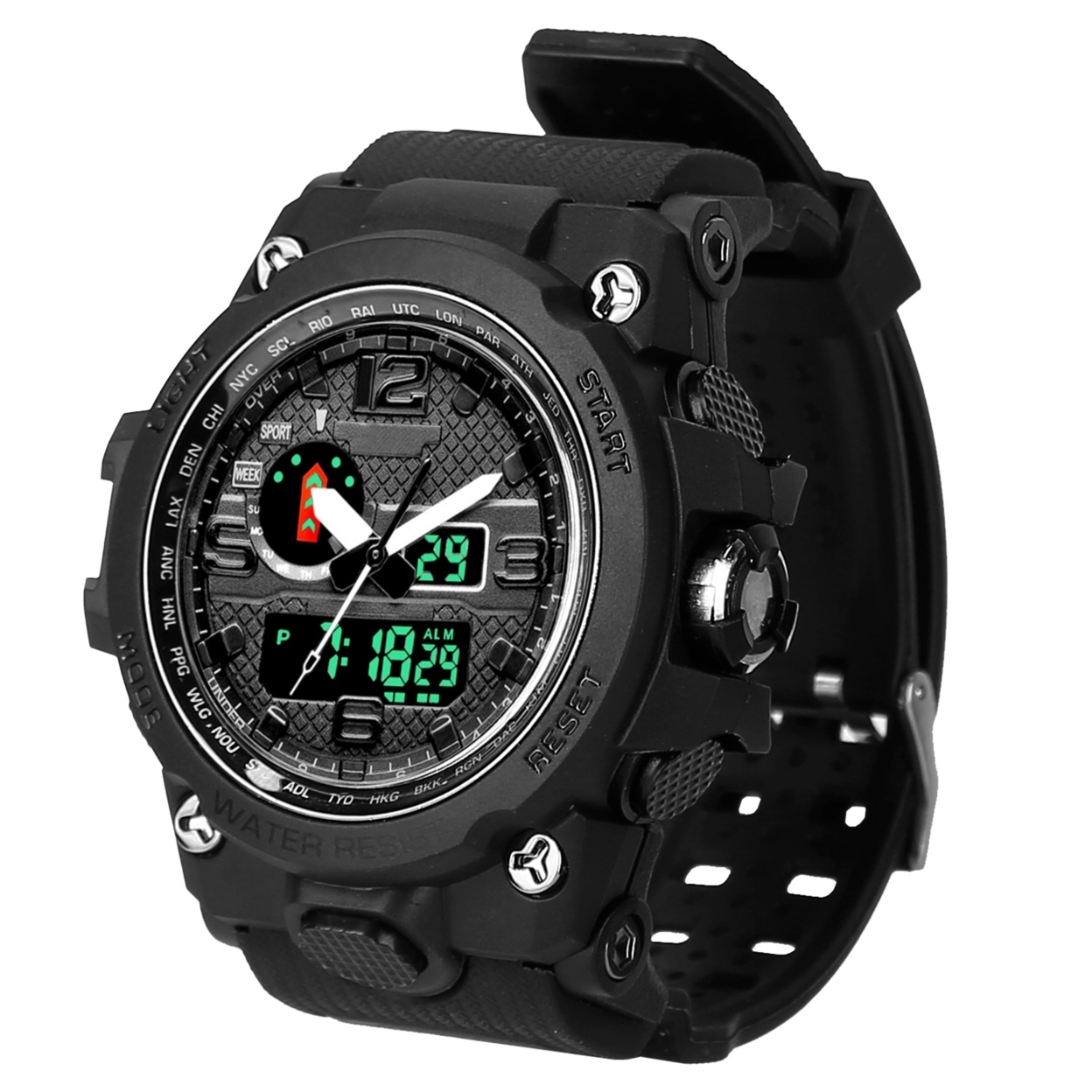 Generic Men Sports Watch Water-Resistant Military Wrist Watch Digital Analog Watch Quartz Electronic Movement LED Backlight Date Alarm