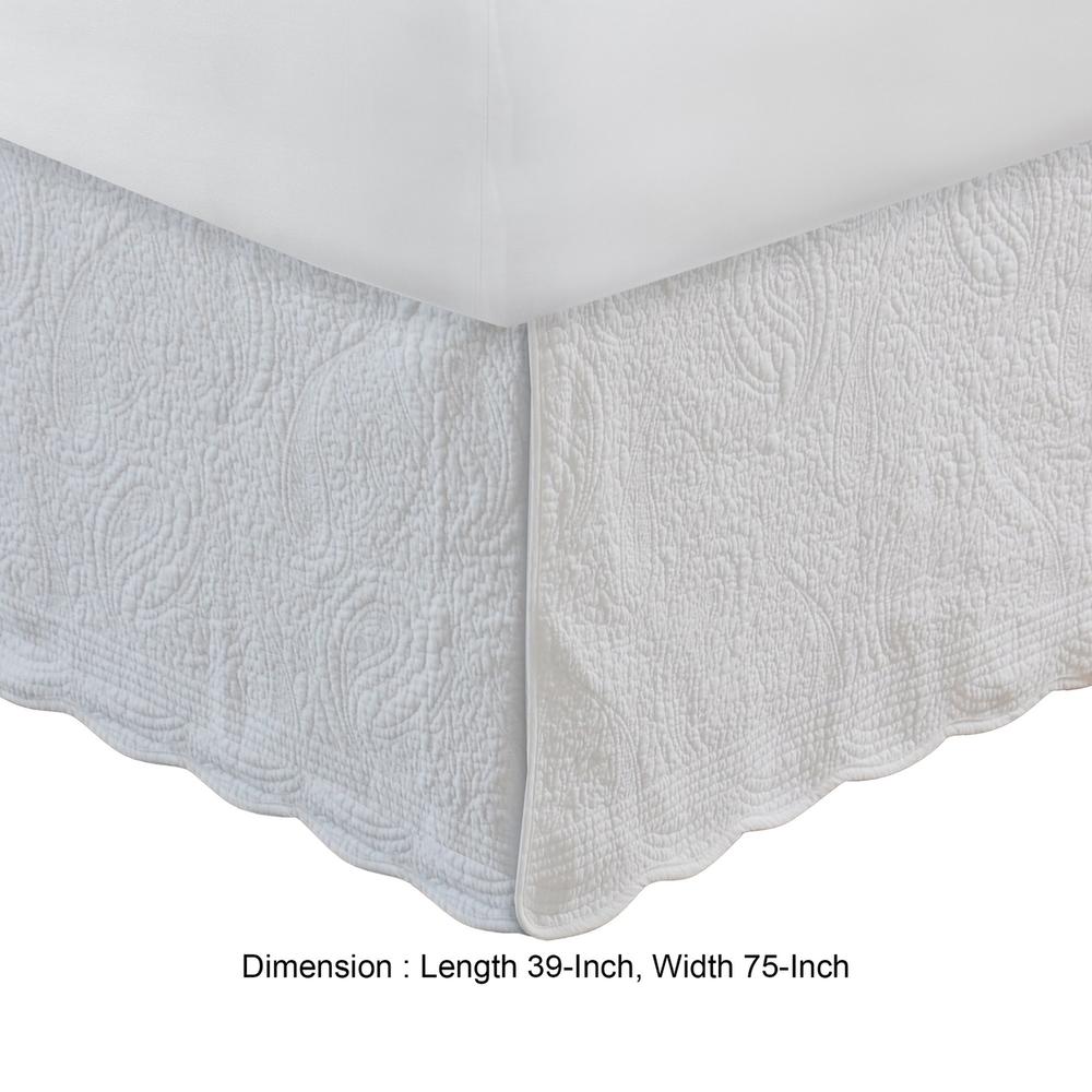 Saltoro Sherpi Muka Paisley Quilted Twin Bed Skirt Cotton Drop Polyester Platform Ivory - Saltoro Sherpi