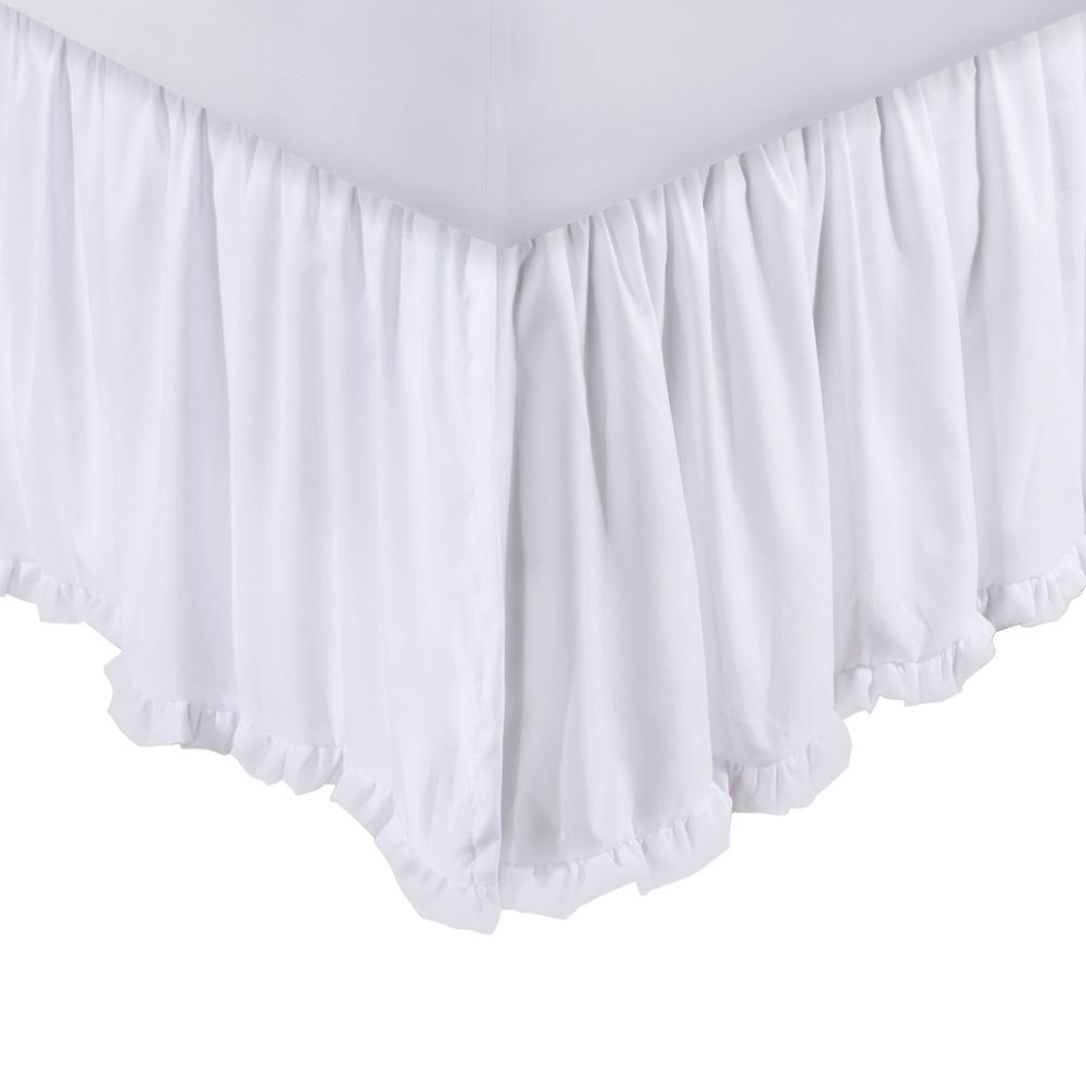 Saltoro Sherpi Mora Twin Bed Skirt Polyester Platform Split Corners Ruffle Edge White - Saltoro Sherpi
