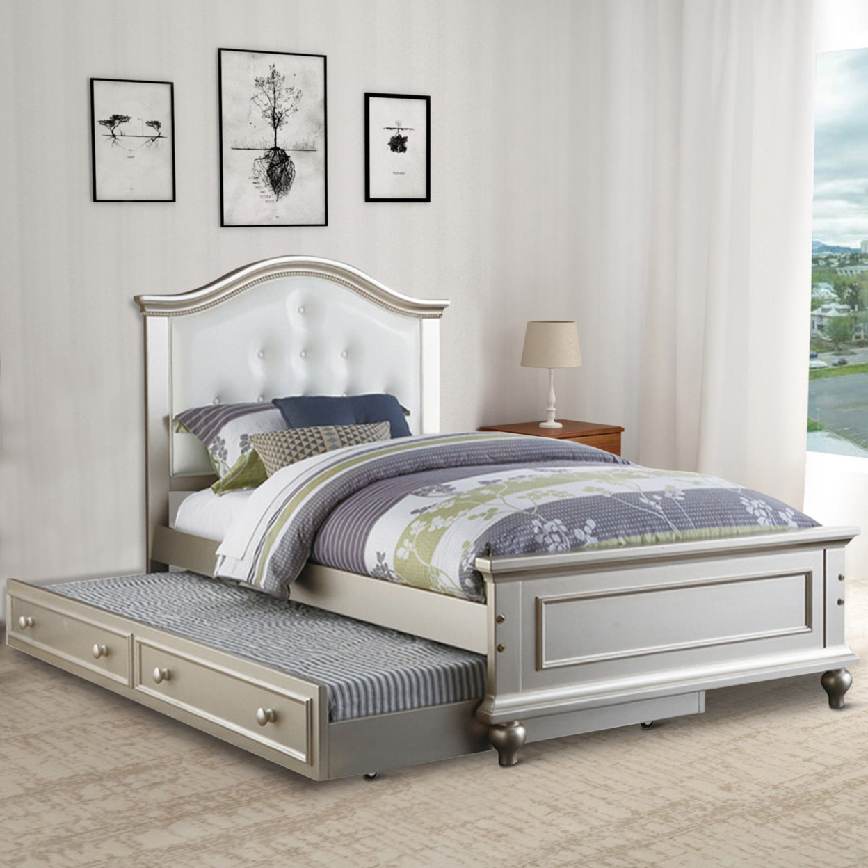 Saltoro Sherpi Cherub Twin Size Bed With Trundle In Silver And White - Saltoro Sherpi