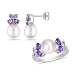 Gem And Harmony Cultured Freshwater Pearl (8mm)  Tanzanite And Amethyst Earrings and Ring Set in Sterling Silver