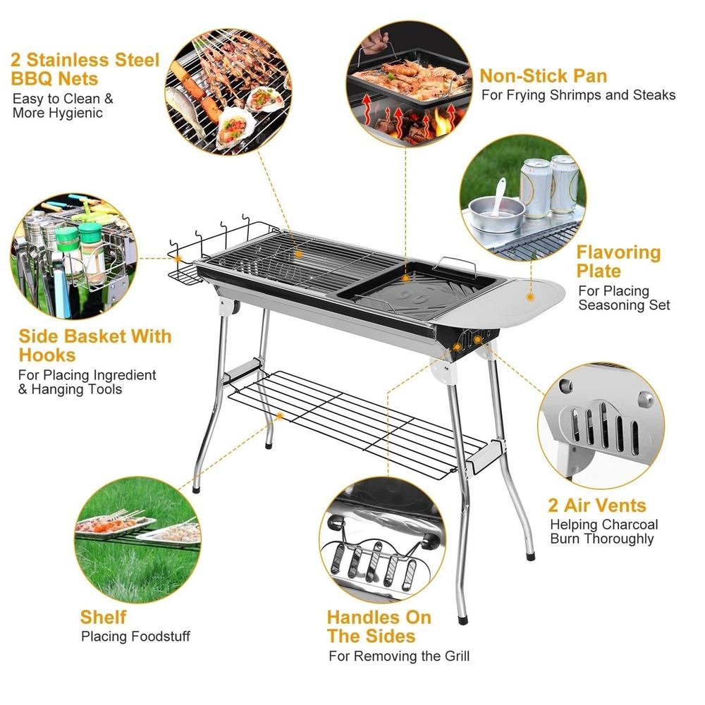 SKUSHOPS Foldable BBQ Grill Portable Charcoal Barbeque Grill Stainless Steel BBQ Grill For Picnic Camping