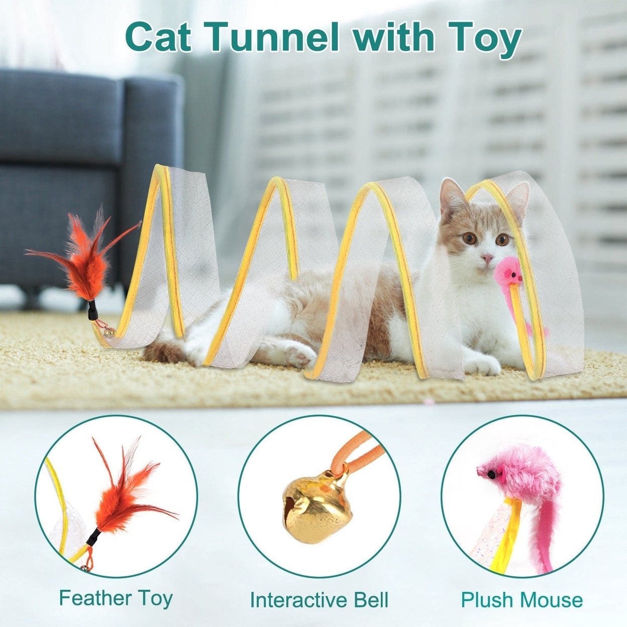 Dsermall 2Pcs Foldable Cat Tunnel with Bell Feather Mouse Toys Collapsible Indoor Cat Spring Tube with Interactive Toy for Kittens Cats