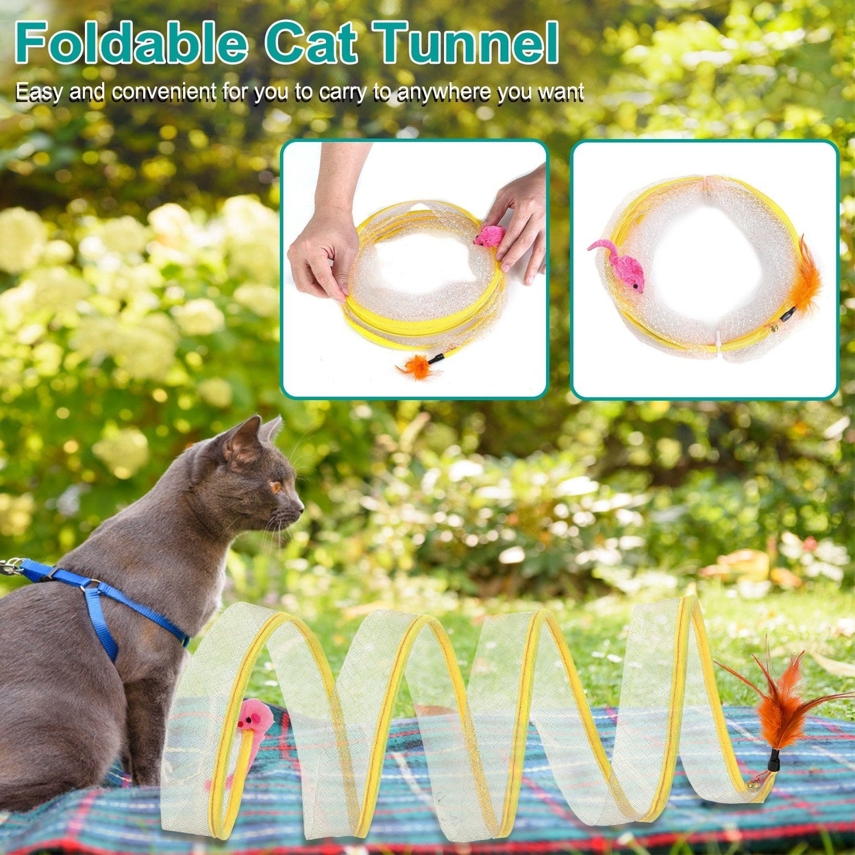 Dsermall 2Pcs Foldable Cat Tunnel with Bell Feather Mouse Toys Collapsible Indoor Cat Spring Tube with Interactive Toy for Kittens Cats