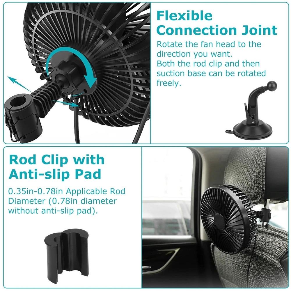 Dsermall Car Cooling Fan Portable Rotatable USB Vehicle Fan Backseat Clip Fan Dashboard Window Suction Fan for SUV RV Pickup with 3
