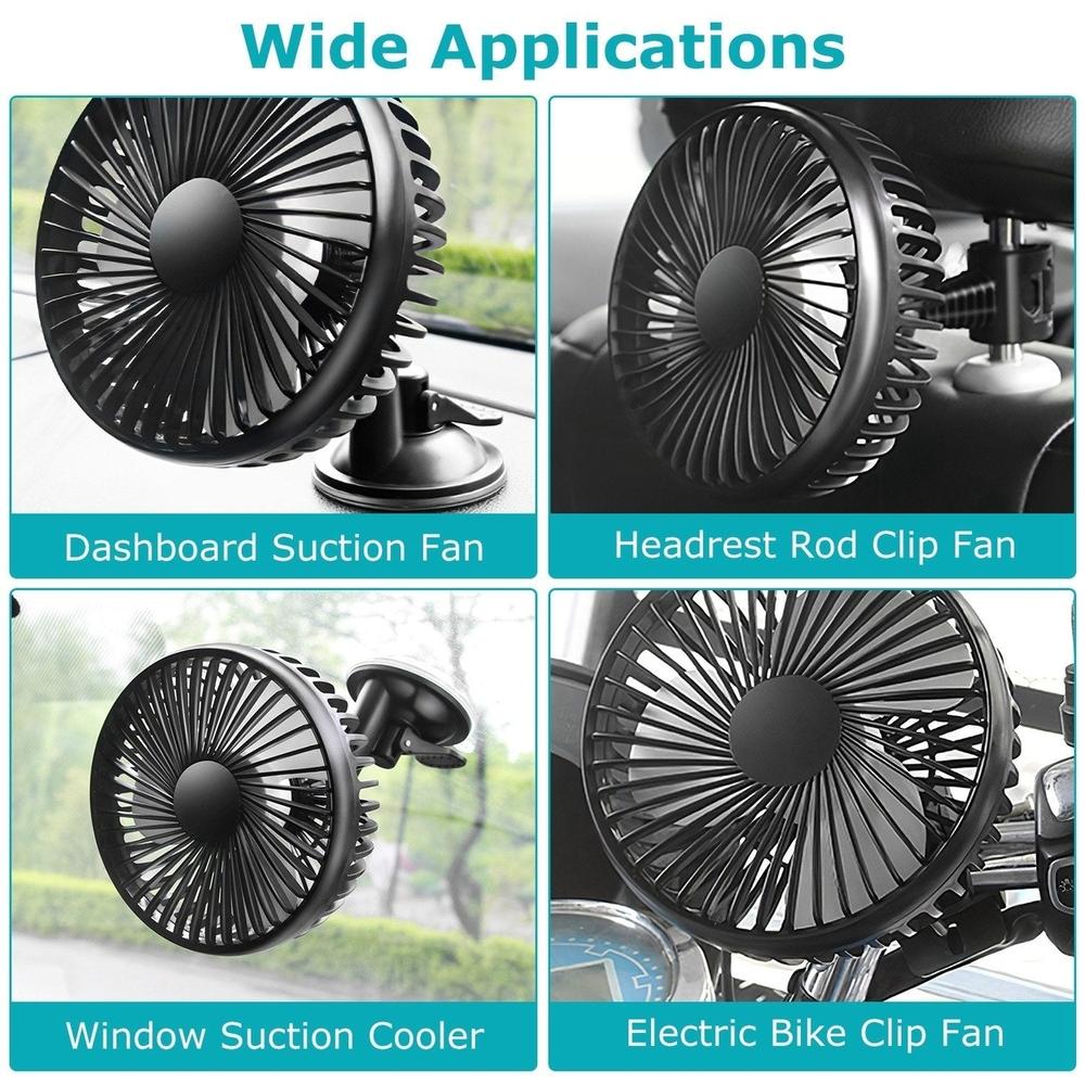 Dsermall Car Cooling Fan Portable Rotatable USB Vehicle Fan Backseat Clip Fan Dashboard Window Suction Fan for SUV RV Pickup with 3