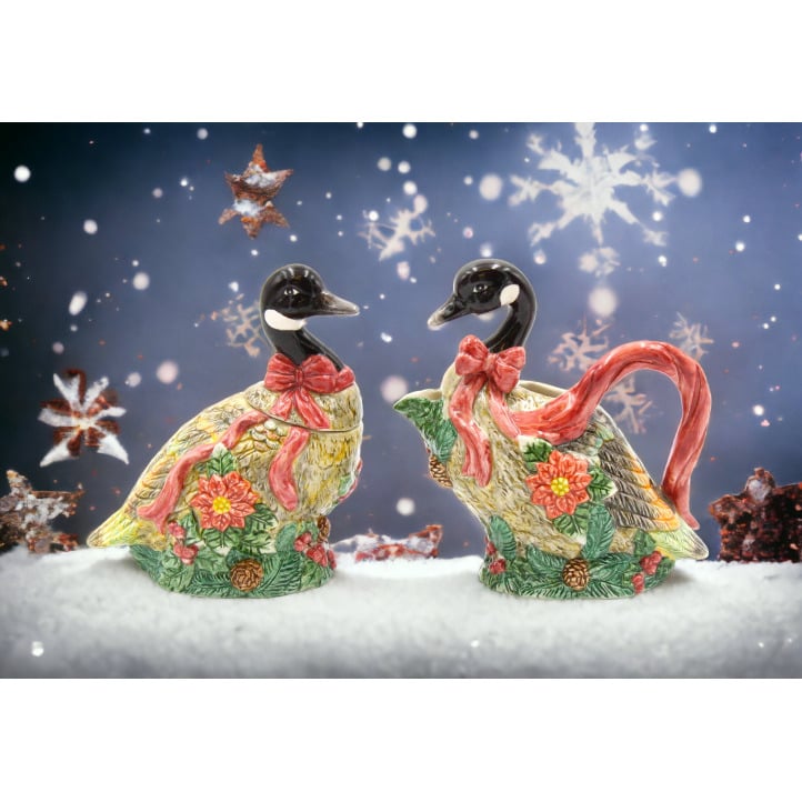 kevinsgiftshoppe Ceramic Christmas Geese Sugar and Creamer Set Home Decor   Farmhouse Kitchen Decor Christmas Decor