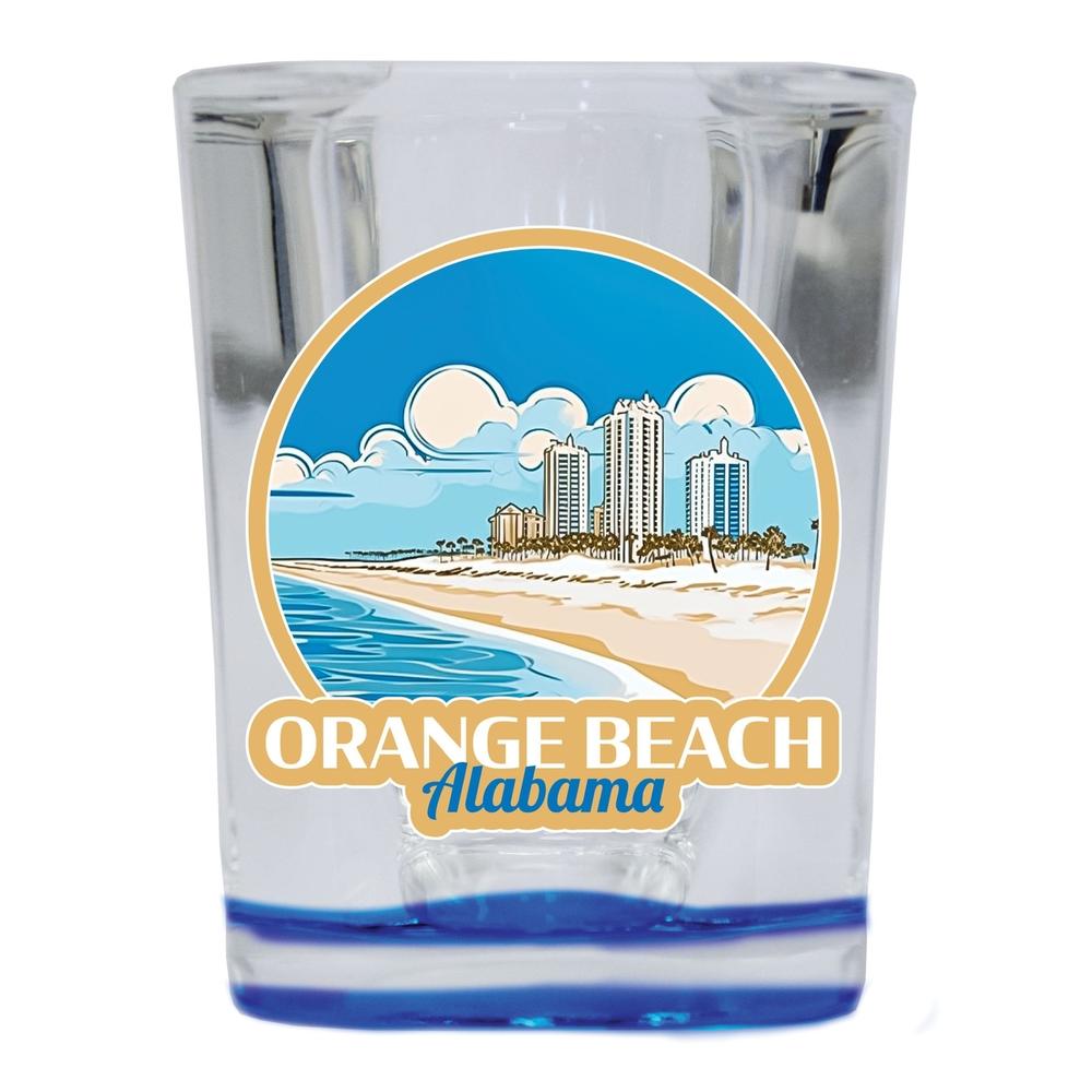 R and R Imports Orange Beach Alabama Souvenir 2.5 Ounce Shot Glass Square Blue Base