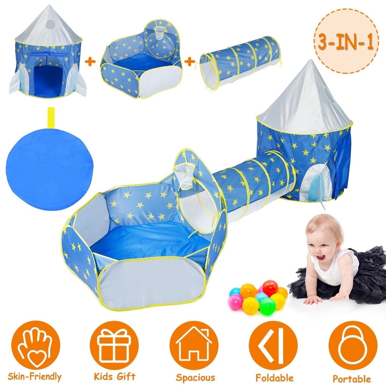 SKUSHOPS 3 In 1 Child Crawl Tunnel Tent Kids Play Tent Ball Pit Set Foldable Children Play House Pop-up Kids Tent with Storage Bag Blue