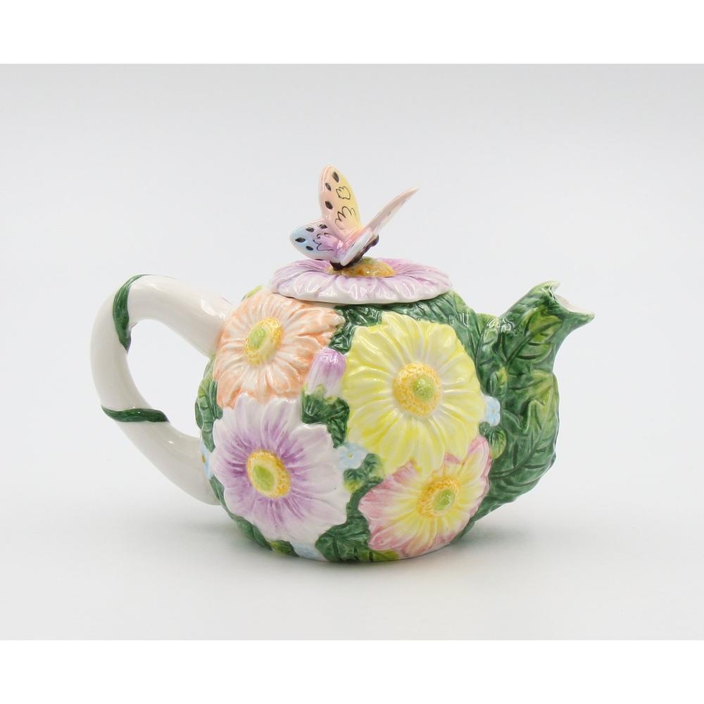 kevinsgiftshoppe Mini Ceramic Colorful Daisy Flowers with Butterfly Teapot, Gift for Her, Mom, Kitchen Décor, Tea Party Décor, Café Décor,