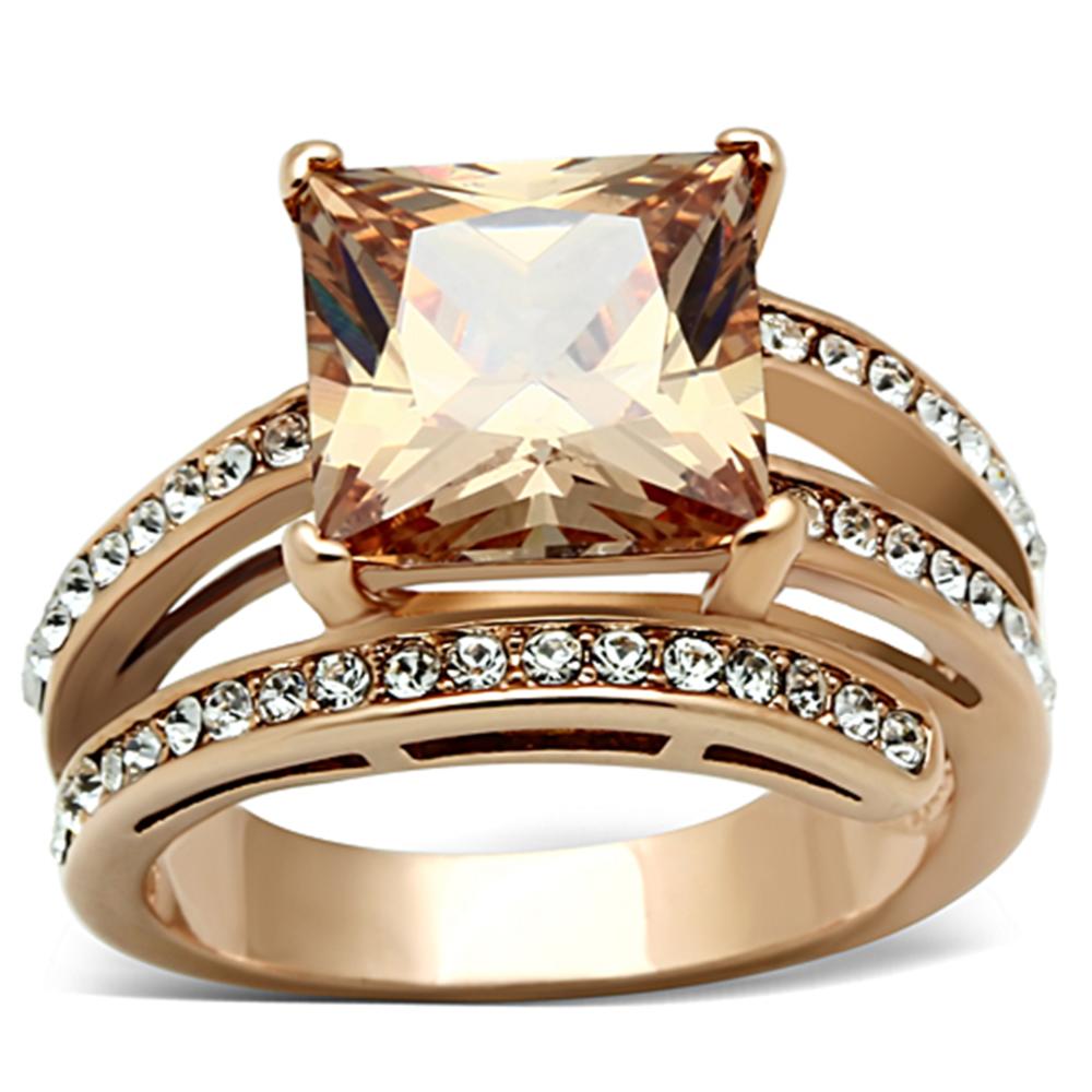 Marimor Jewelry Womens Stainless Steel 316 Rose Gold Princess Cut Champagne Zirconia Cocktail Ring