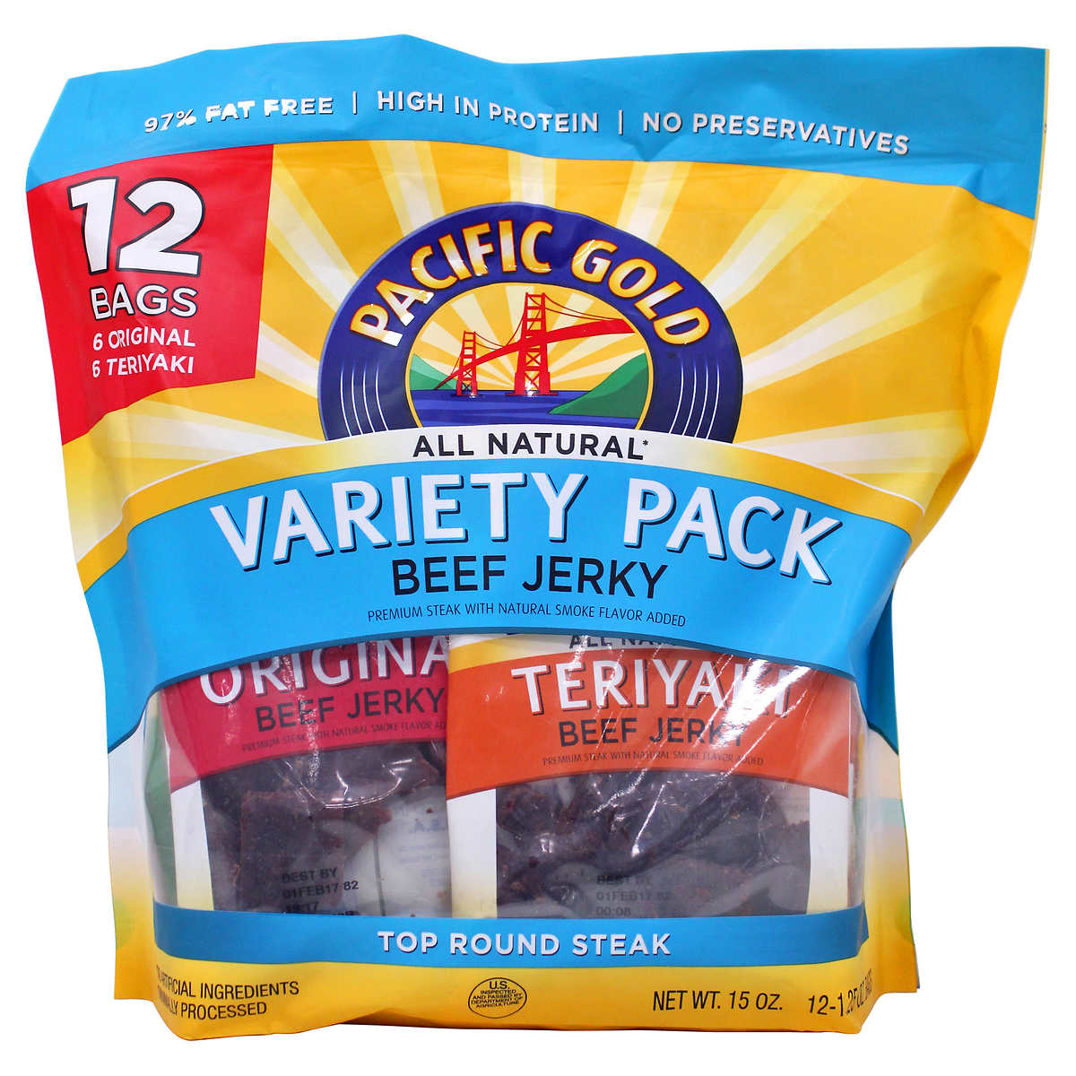 Pacific Gold Beef Jerky Variety Pack 15 oz 12-count