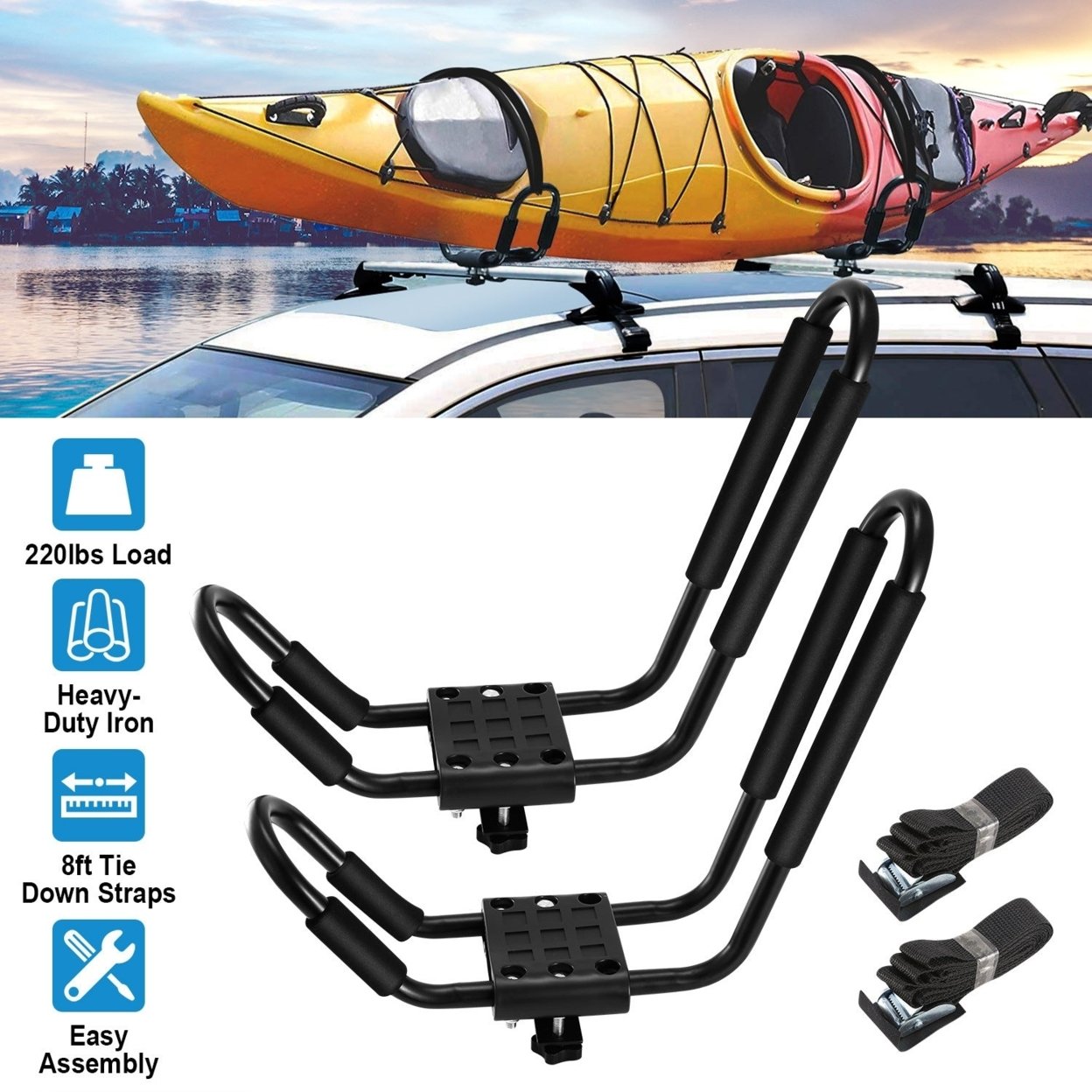 Dsermall 1 Pair Universal J-Bar Kayak Carrier 220LBS Load Heavy Duty Canoe Car Top Mount Carrier Roof Rack with 2Pcs Tie Down Straps