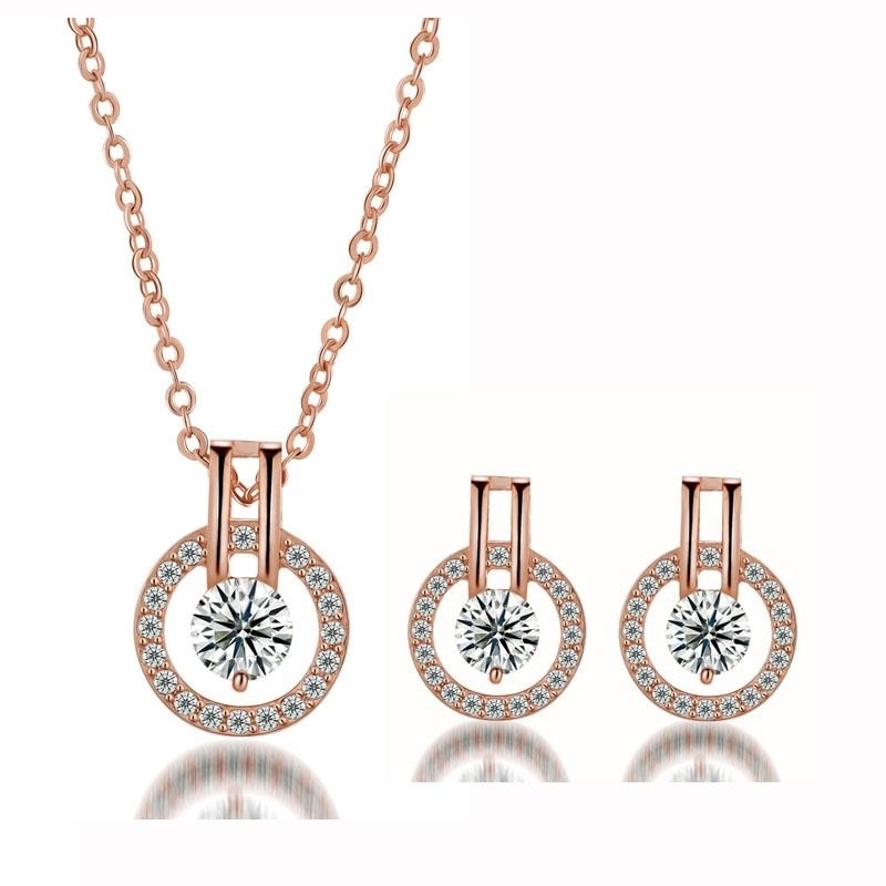 Jewelry Celebrity White or Rose Gold Color Round Circle Full Paved Clear Crystals Cut Zircon Stud Earrings Pedant Necklace Jewelry Sets