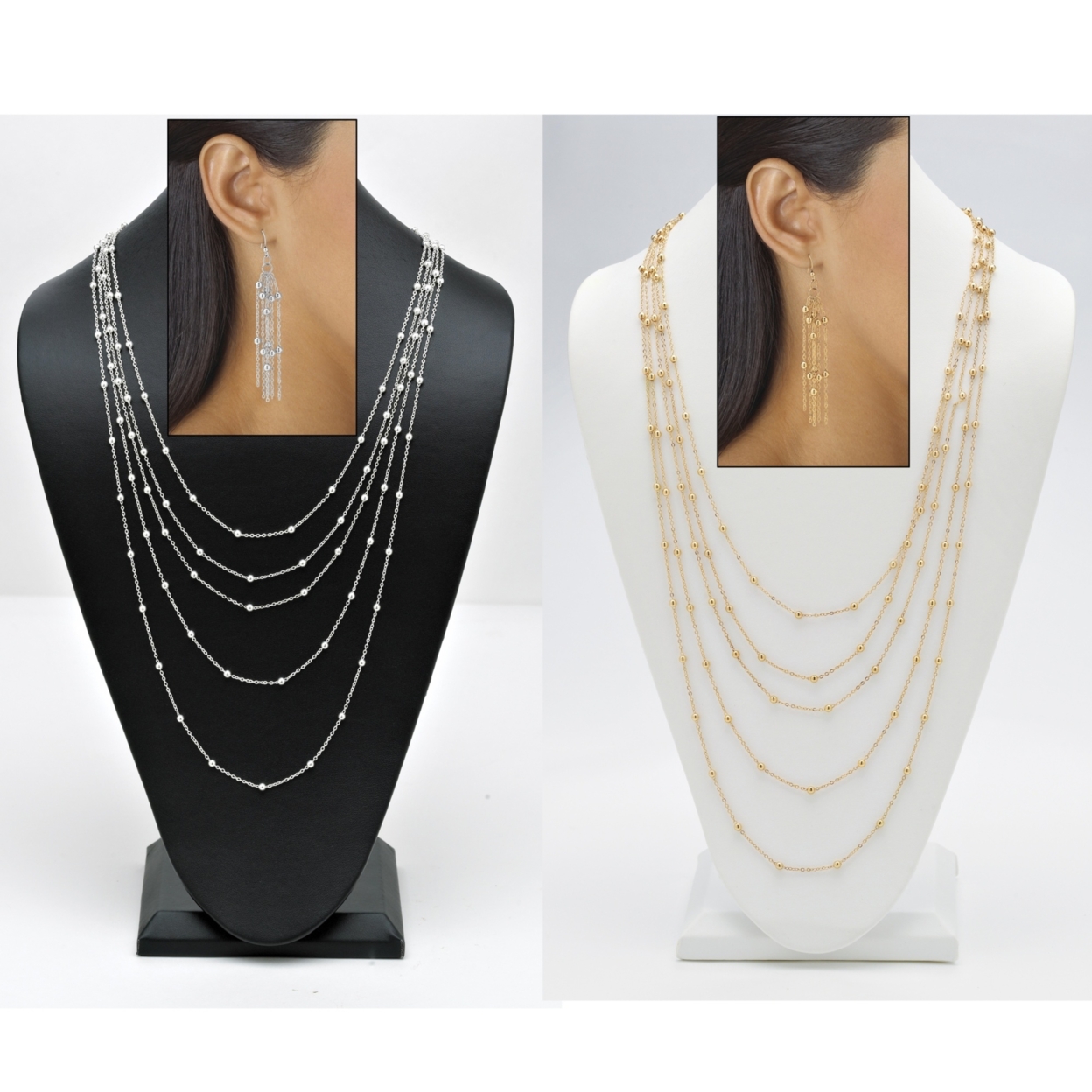 PalmBeach Jewelry Multi-Chain Beaded Necklace and Earring Set in Silvertone with FREE Set in Yellow Gold Tone