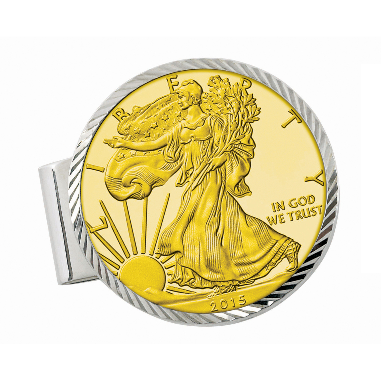 American Sterling Silver Diamond Cut Coin Money Clip with Gold-Layered American Silver Eagle Dollar