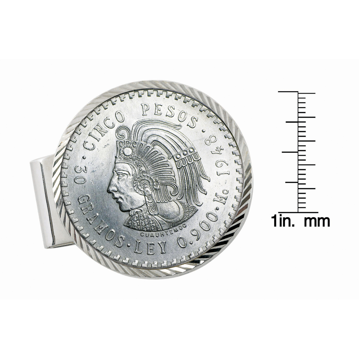 American Sterling Silver Diamond Cut Coin Money Clip Cuauhtémoc Mexican Cinco Pesos