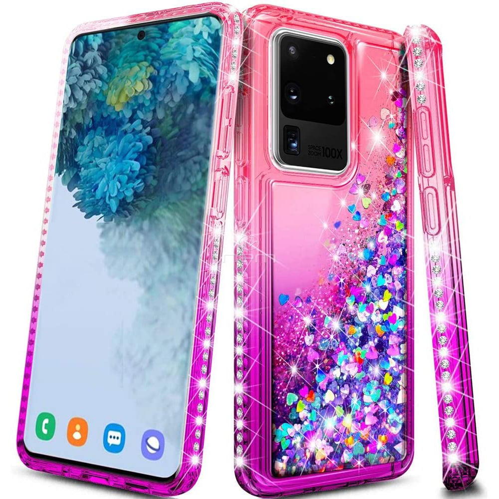 Modes Wireless For Samsung Galaxy S20 Plus Sparkling Glitter Liquid Floating Hearts Stars With Diamonds Case Cover Pink/Purple