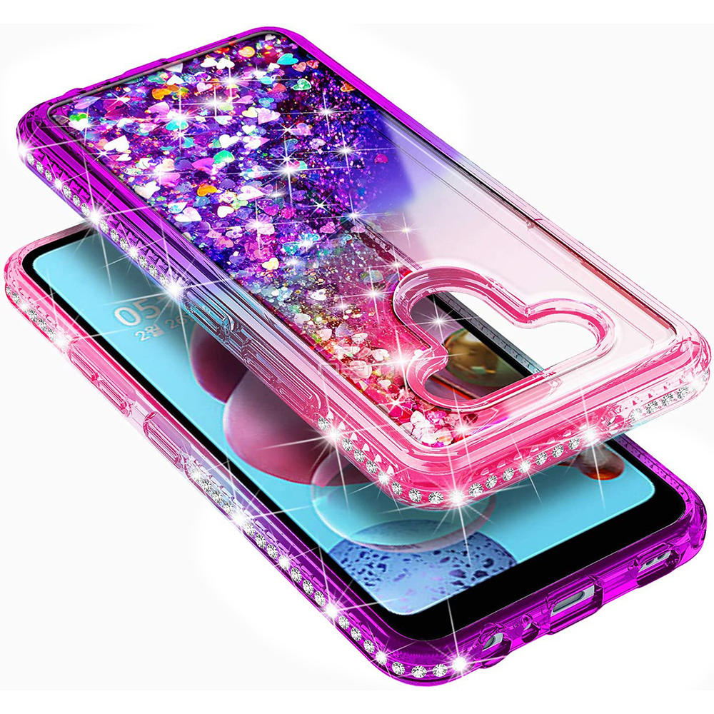Modes Wireless For LG Stylo 6 / LMQ730 Sparkling Glitter Liquid Floating Hearts Stars With Diamonds Case Cover Pink/Purple