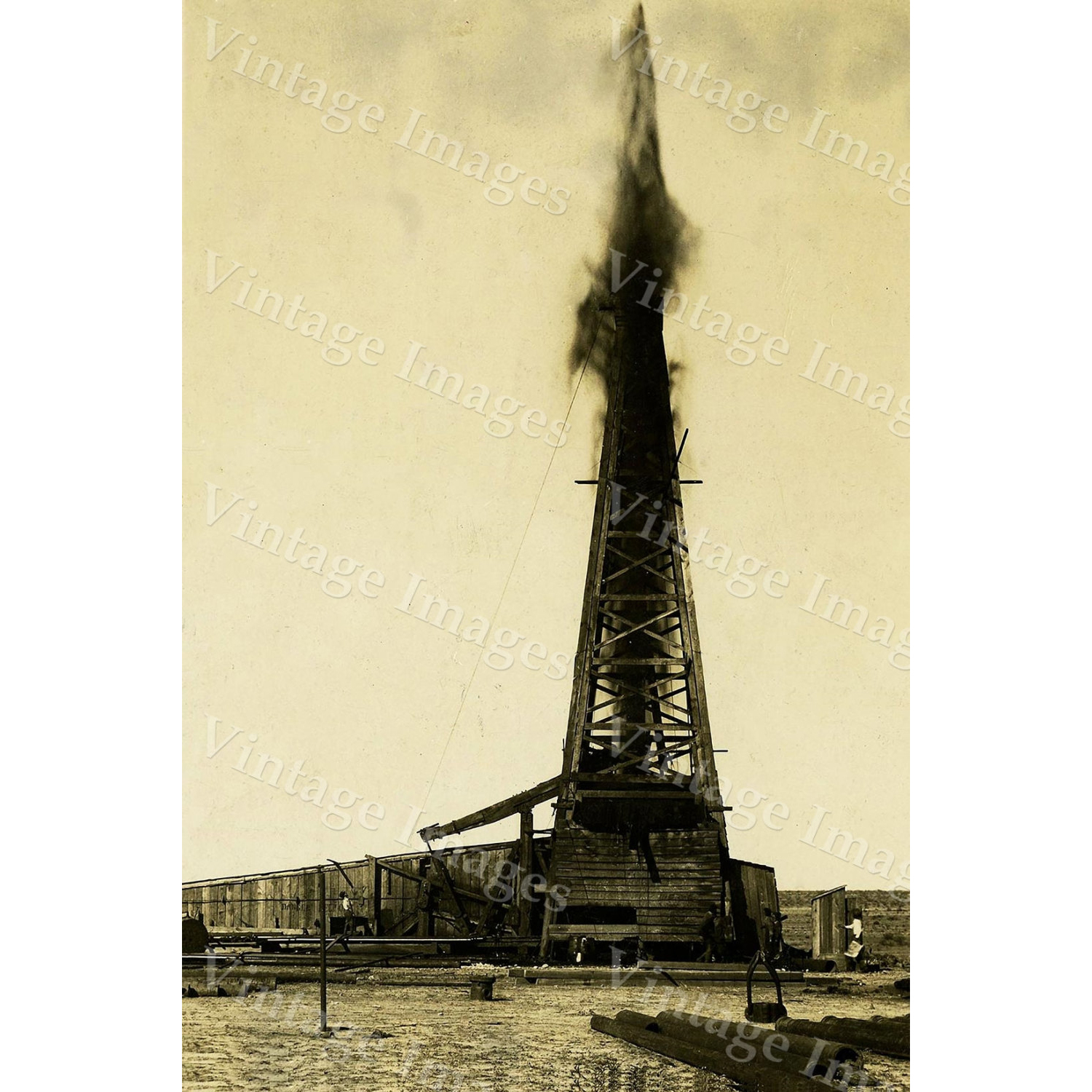 Vintage Imagery old oil well Photo drill drilling rig derrick gushing oil field sepia tone photo wall  Texas oil gusher Photo Vintage
